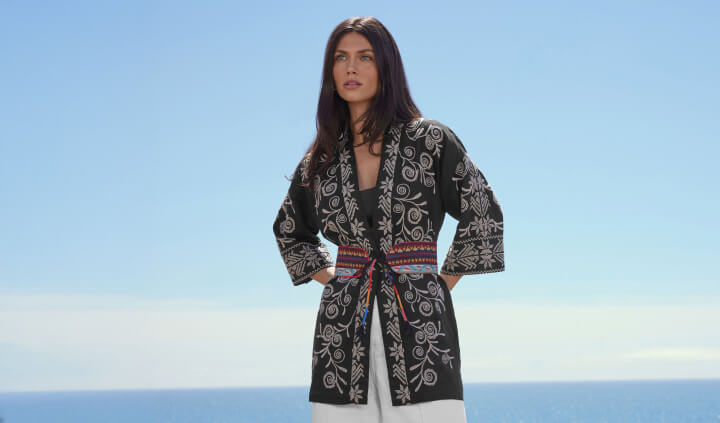 Model wearing black embroidered kimono